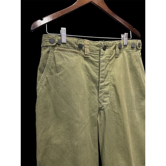 Vintage WWII Military Field Trousers 32x32 Metal Buttons Cotton OD Distressed - Picture 5 of 15